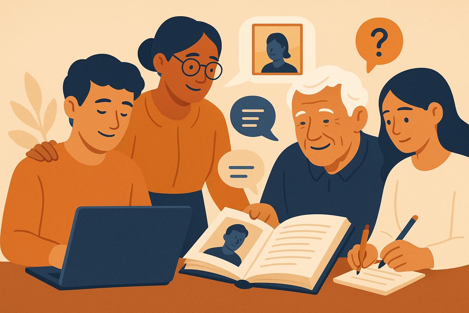 Illustration showing family members adding memories and notes to a shared life story.