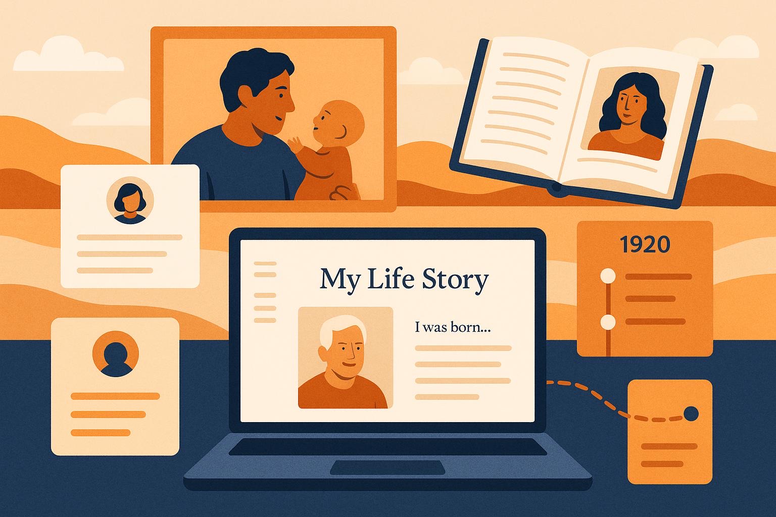 Illustration showing interview prompts, edited pages, and a timeline dashboard in one product collage.