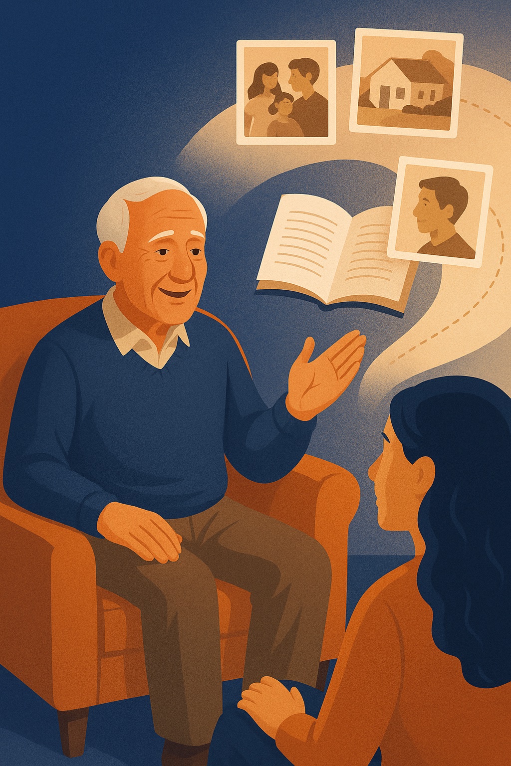 Illustration showing a storyteller speaking while memories become pages and a timeline.
