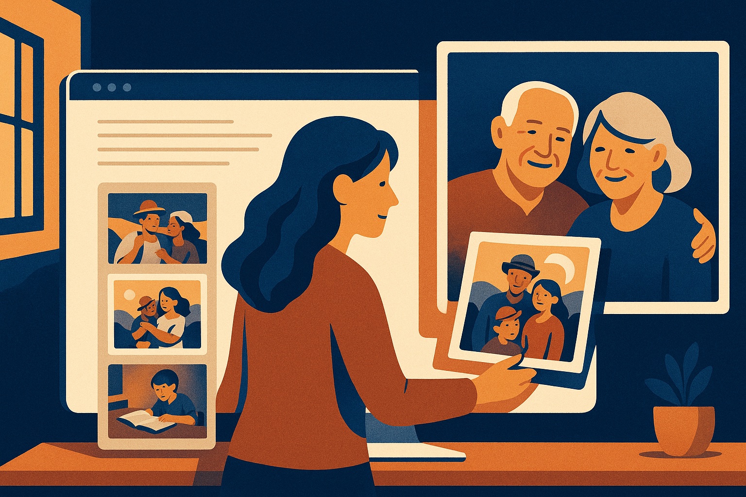 Illustration showing story photos being ordered, restored, and played as a full-screen slideshow.