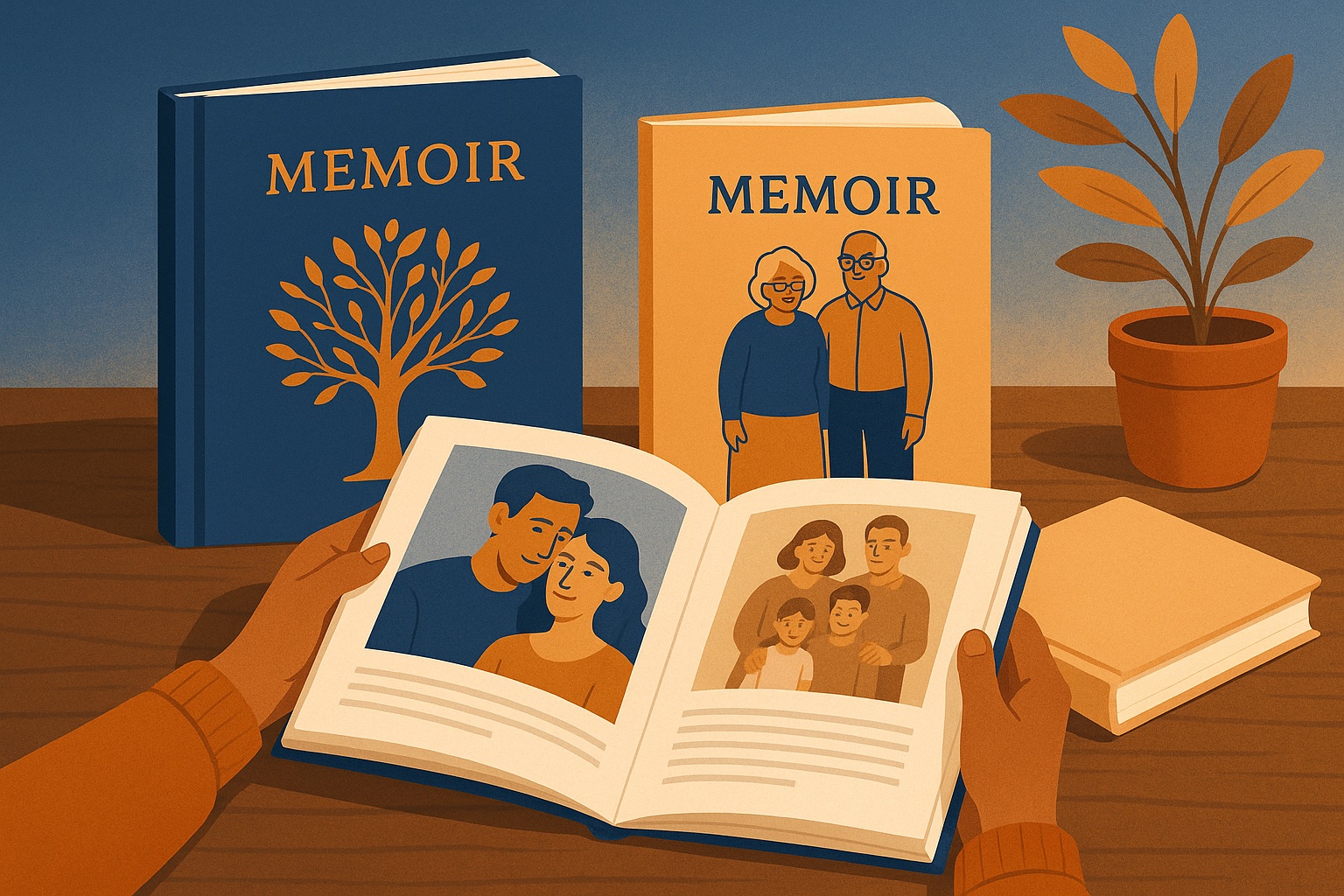 Illustration showing hardcover and softcover family memoir books with customizable covers and photo pages.