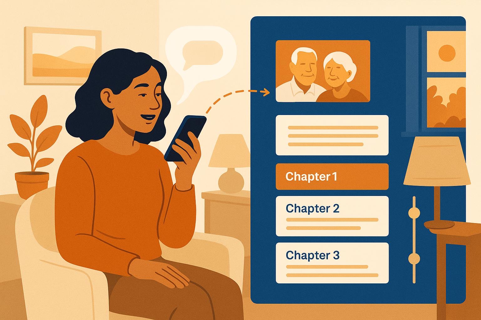 Illustration showing voice notes turning into organized chapters on a timeline.